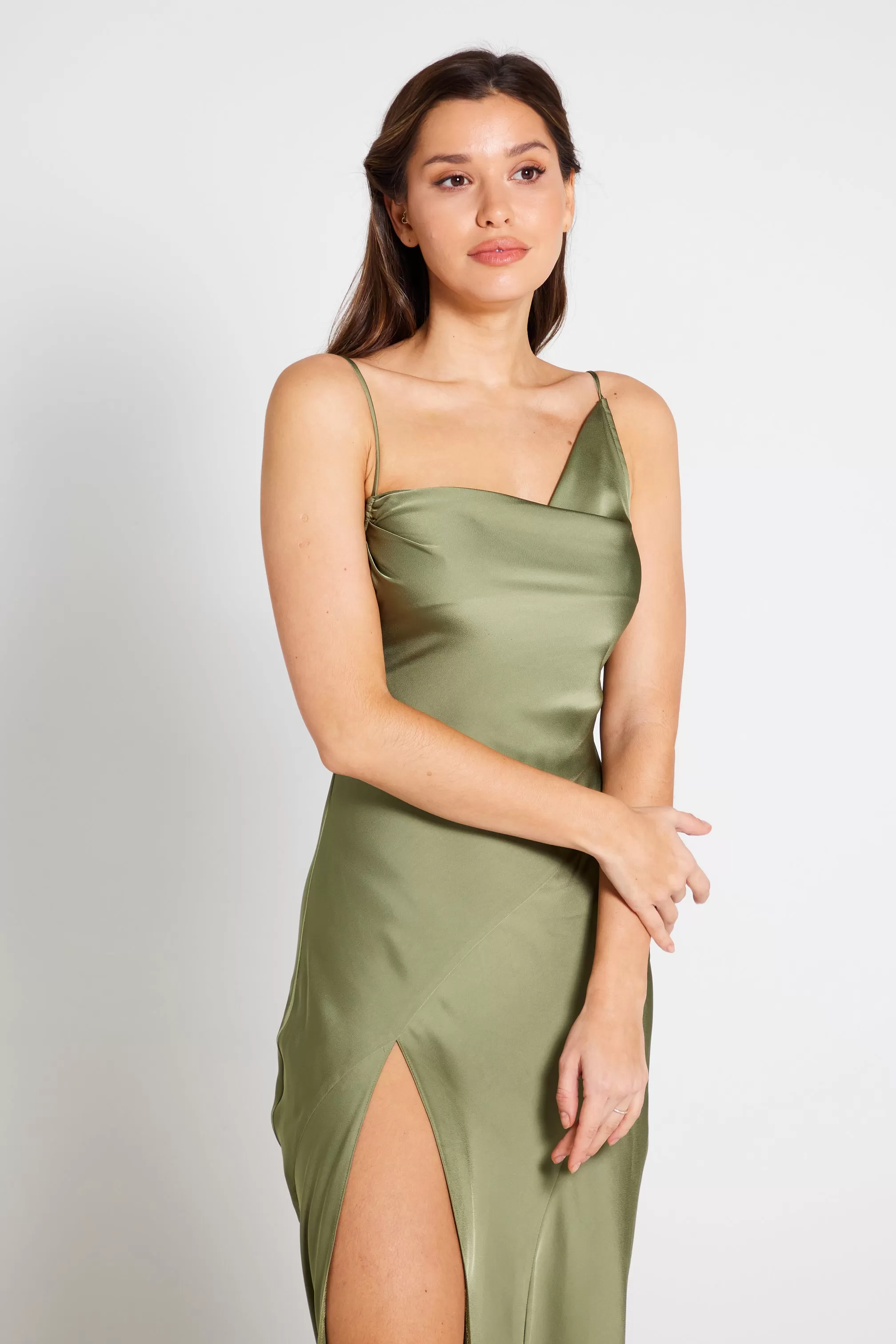 Mila Asymmetric Cowl Neck Satin Slip Dress - Olive