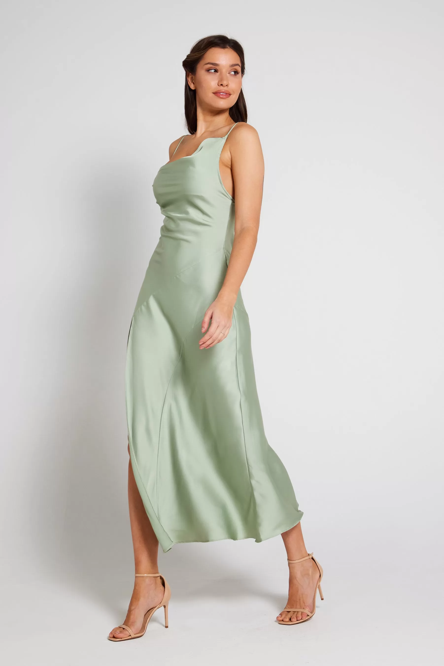 Mila Asymmetric Cowl Neck Satin Slip Dress - Sage Green