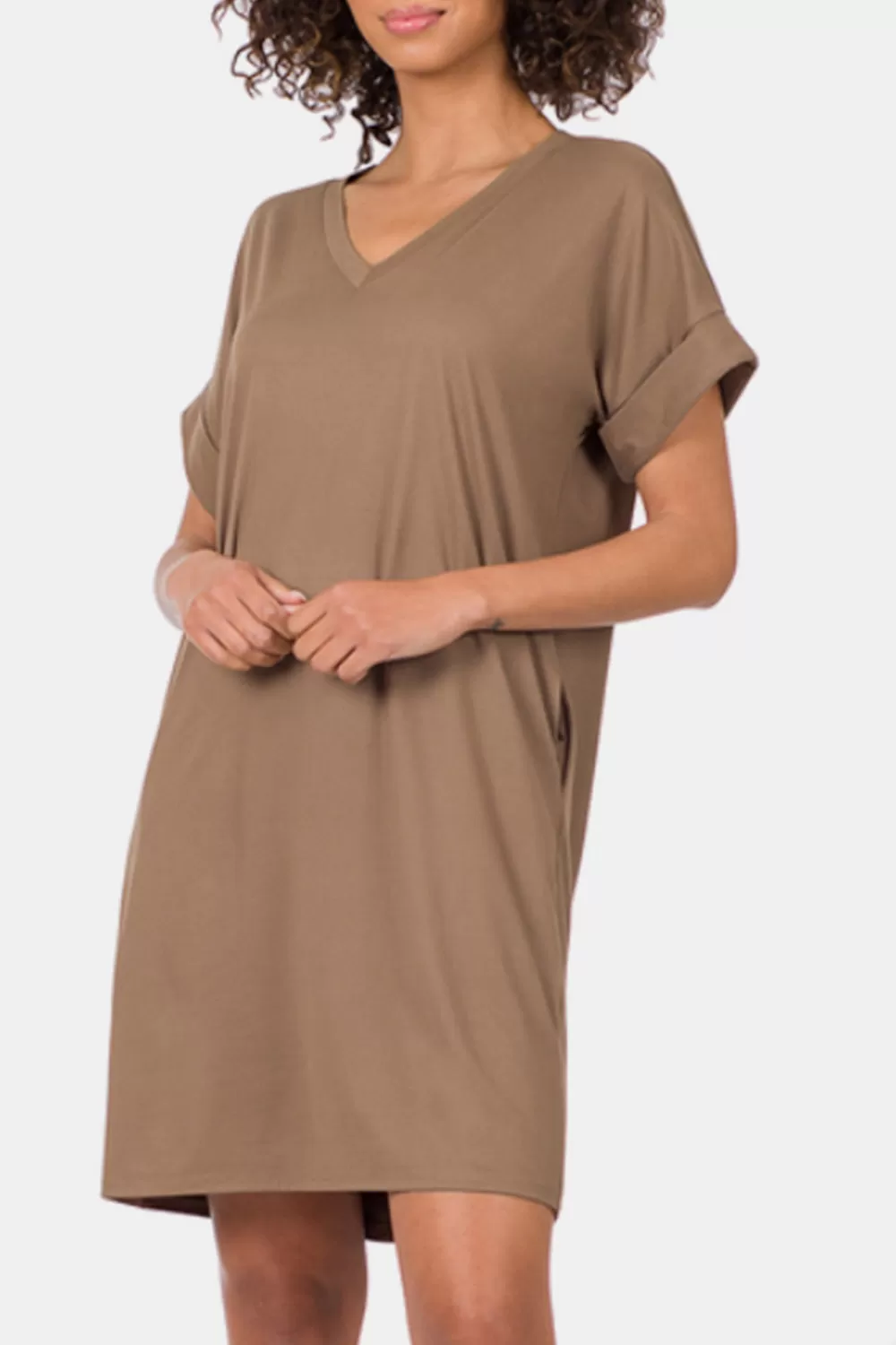 Mocha Rolled Short Sleeve V-Neck Dress