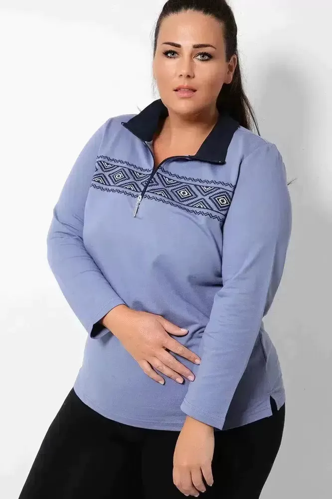 Navajo Embroidery Lilac Half-Zip Sweatshirt