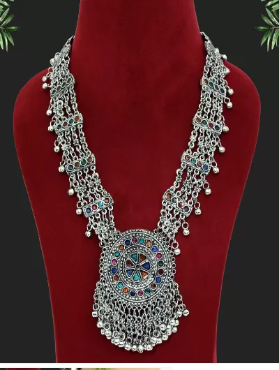 Navratri Silver Long Beads Multistrand Necklace