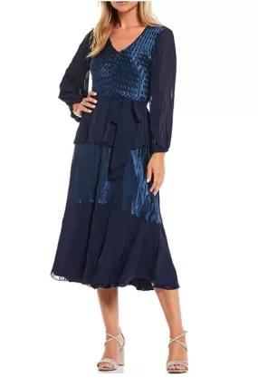 Navy Bell Sleeve Belted Midi Dress