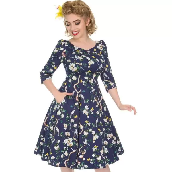 Navy Blue Bird and Floral Print 3/4 Sleeve 50s Swing Dress