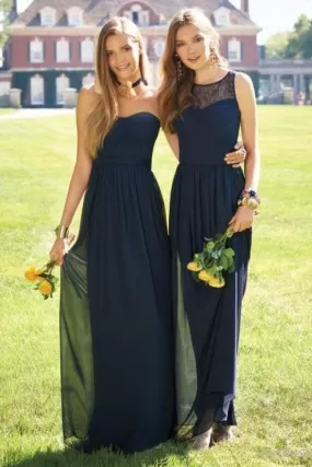 Navy Blue Sweetheart Long Chiffon Bateau Bridesmaid Dress