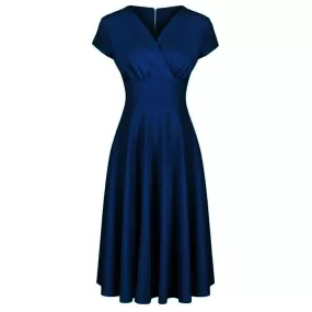 Navy Blue Vintage A Line Crossover Capped Sleeve Tea Swing Dress