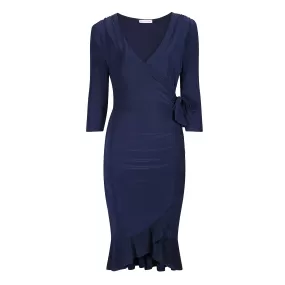 Navy Blue Wrap Effect Cocktail Dress w/ Waterfall Peplum Hem & 3/4 Sleeves