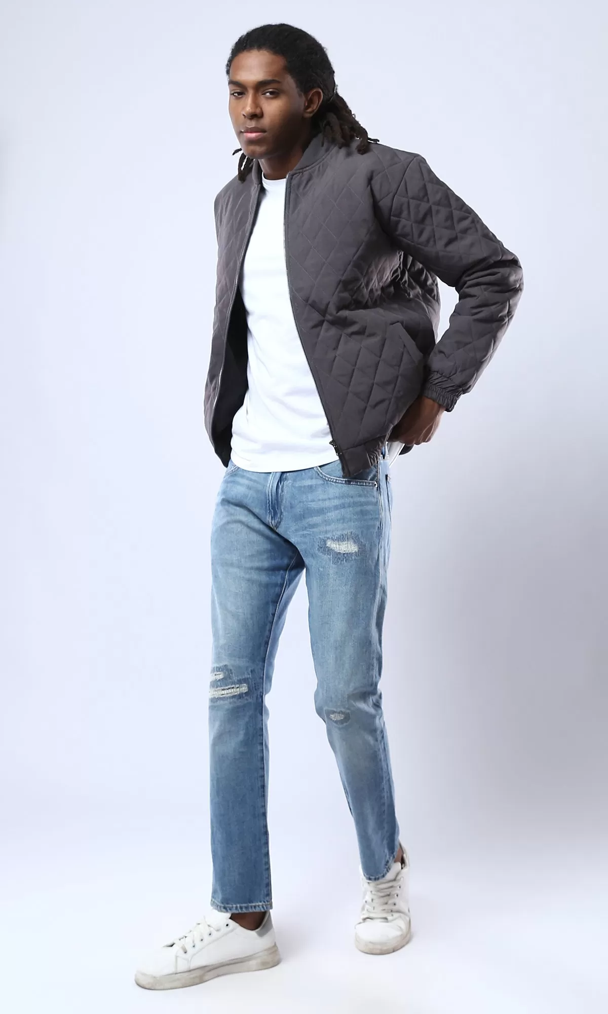 O175350 Dark Grey Quilted Jacket With Elastic Hem