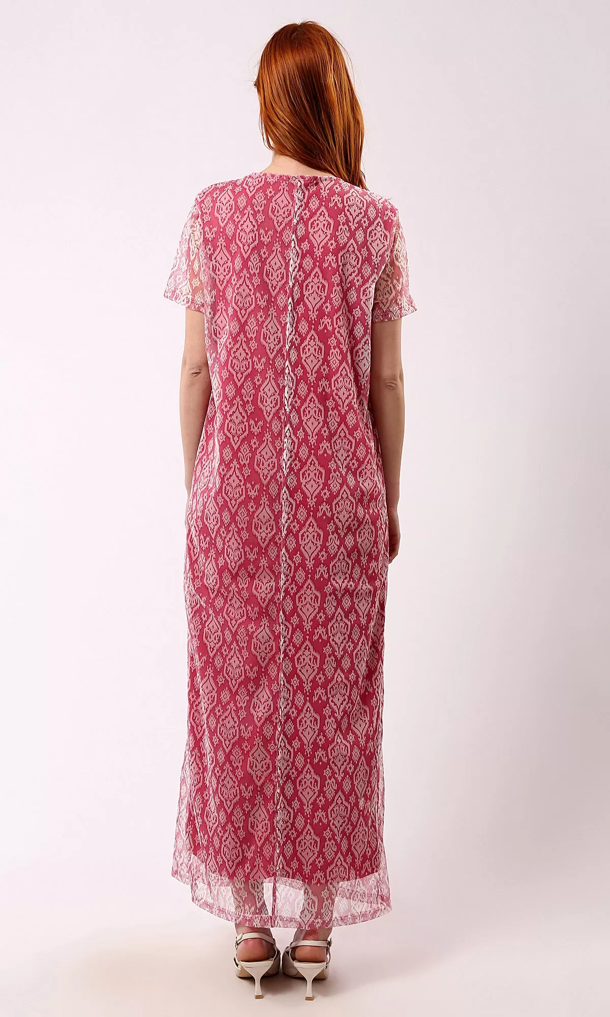 O178302 Sheer Short Sleeves Patterned Fuchsia Maxi Dress