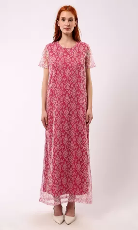 O178302 Sheer Short Sleeves Patterned Fuchsia Maxi Dress