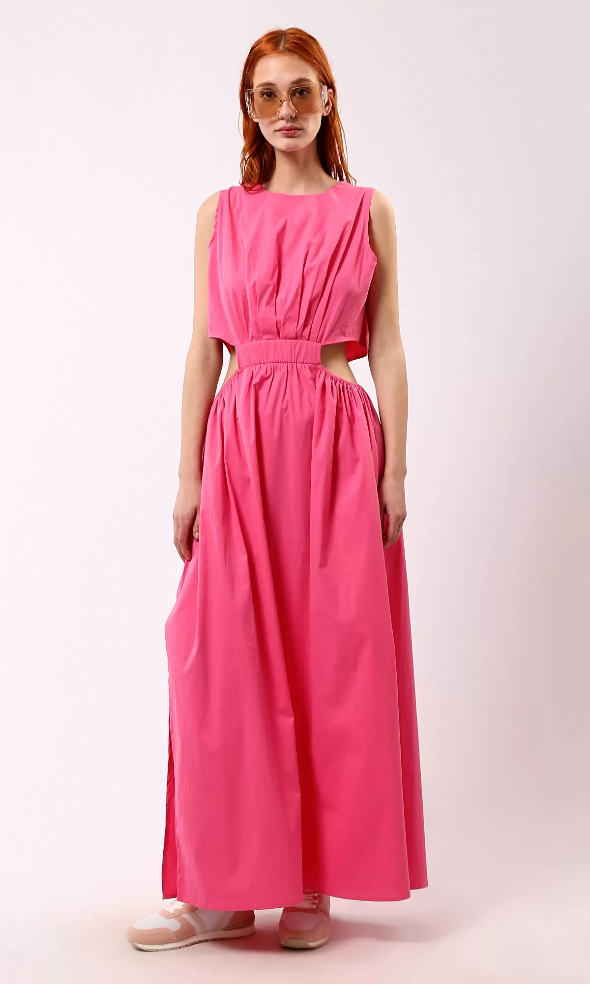 O178817 Fuchsia Elastic Waist Slip On Summer Maxi Dress