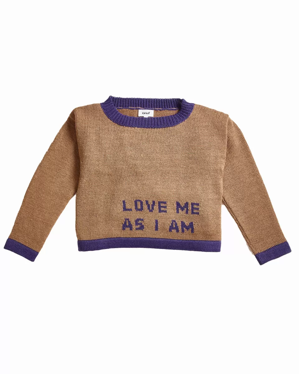 OEUF Handle With Care Intarsia Text Sweater in Camel