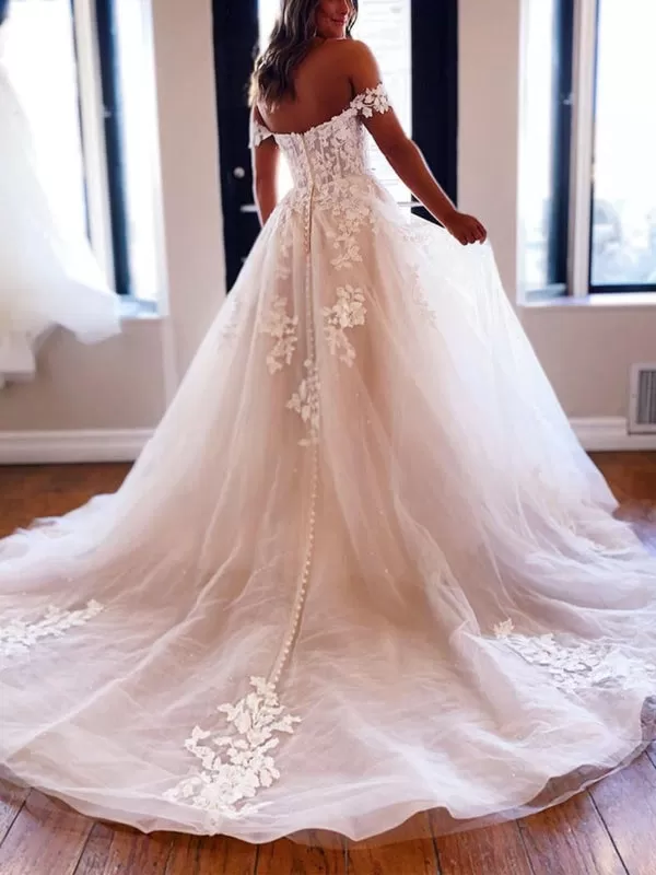 Off Shoulder White Lace Long Prom Dresses with Train, White Lace Wedding Dresses, White Tulle Formal Evening Dresses