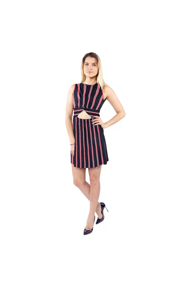 Orange and Blue Stripes Sleeveless Cutout Waist Knotted Dress