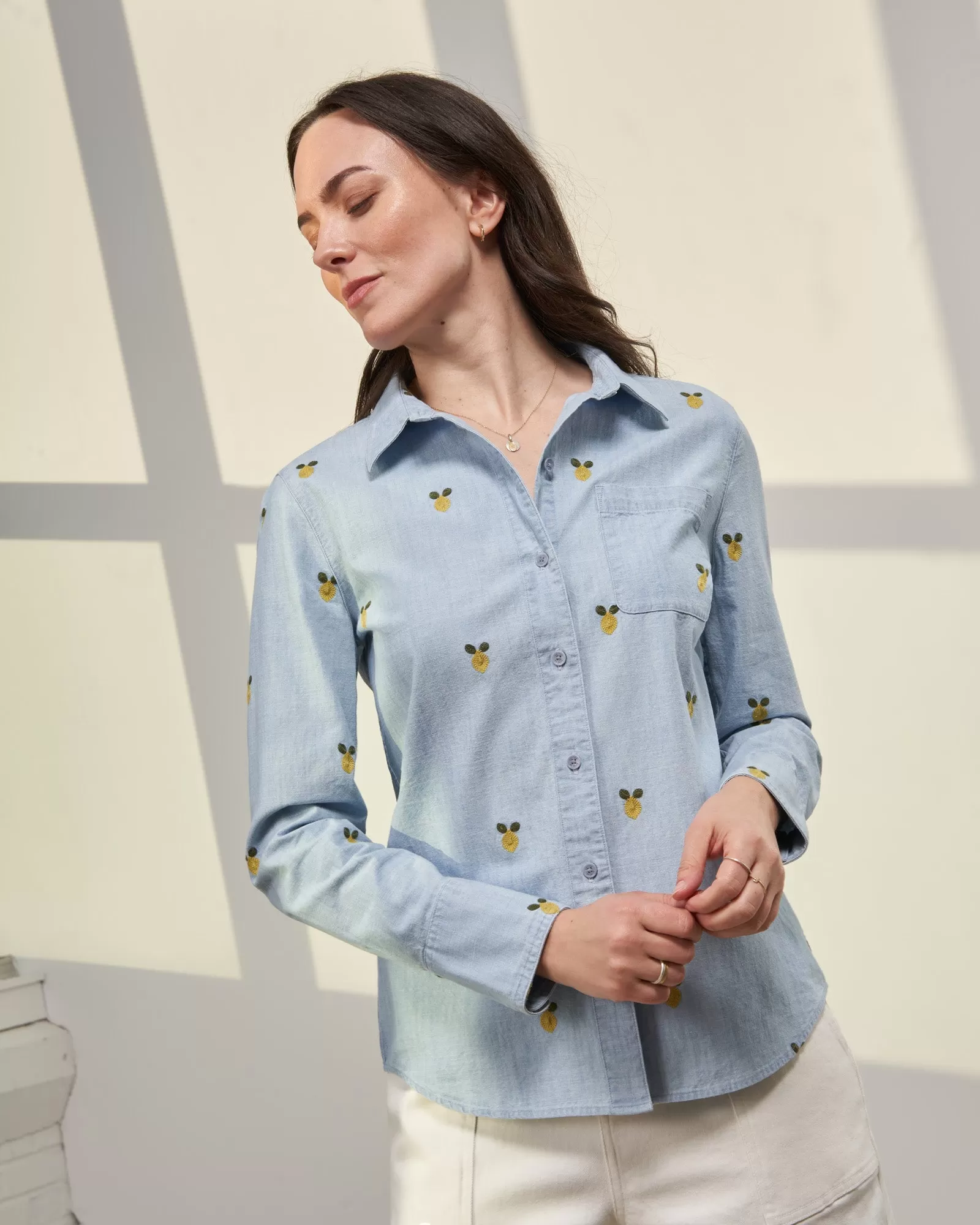 Organic Chambray Embroidered Button Down