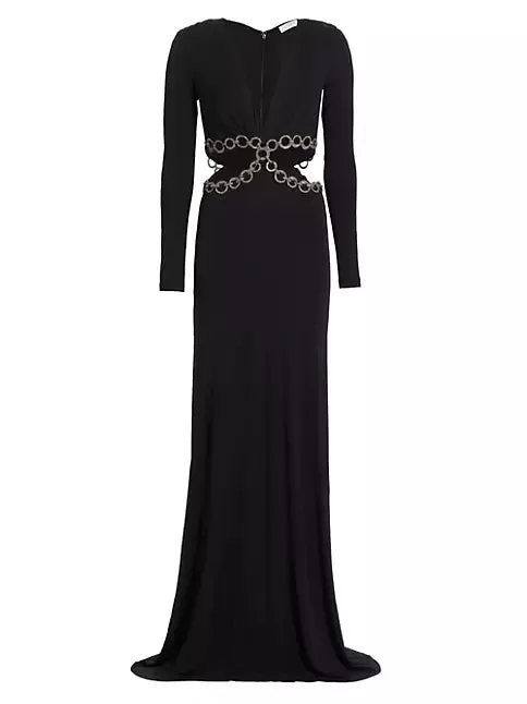 Pauline Crystal-Accented Cut-Out Long-Sleeve Gown