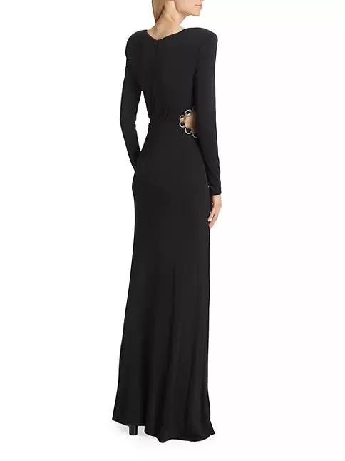 Pauline Crystal-Accented Cut-Out Long-Sleeve Gown