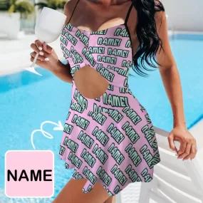 Personalized Name Swimsuit Custom Name Women's Cutout Cross Back Swimming Dress Face Bathing Suit