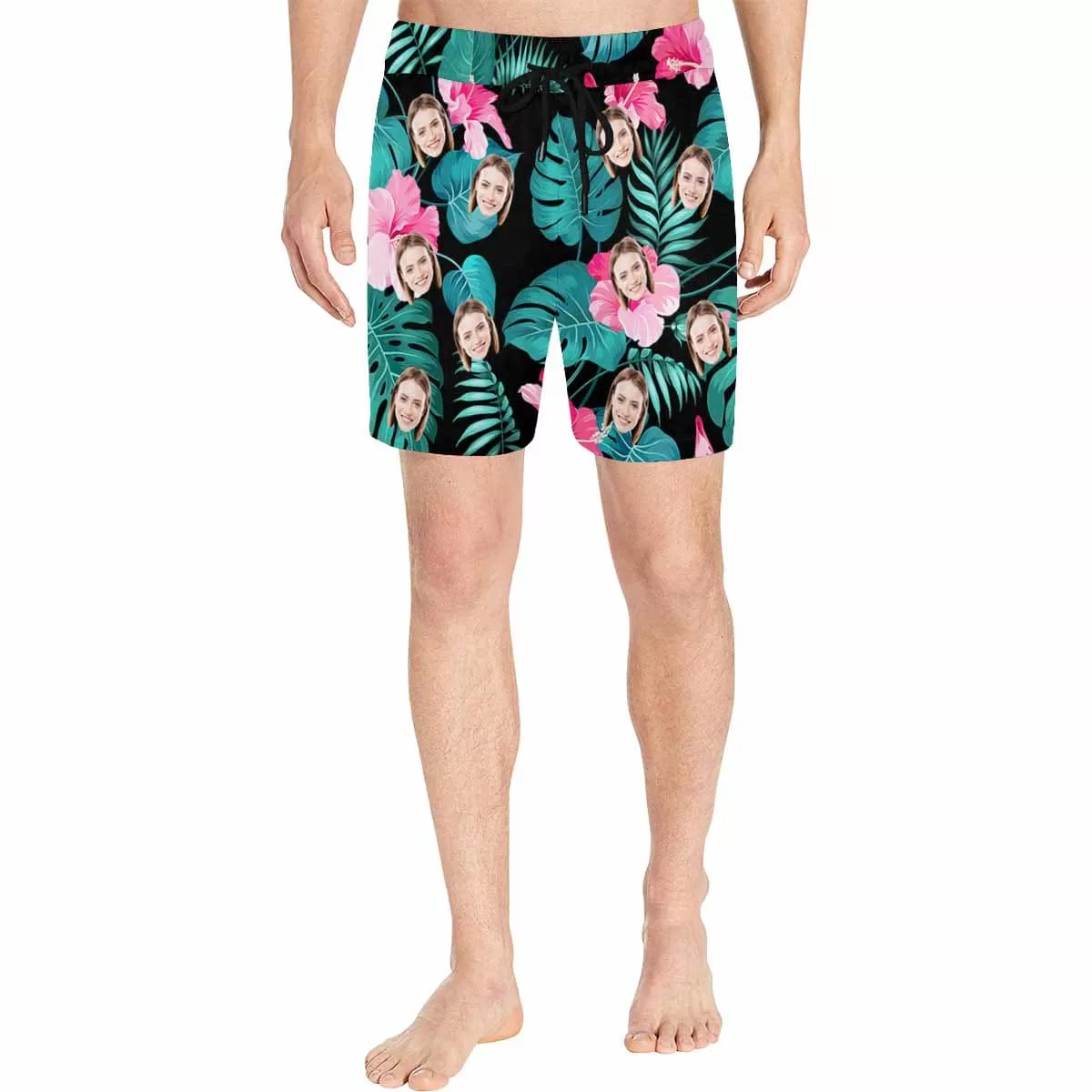 Personalized Swim Trunks Custom Face Flowers&Leaves Black Men's Quick Dry Swim Shorts Beach Swimsuit