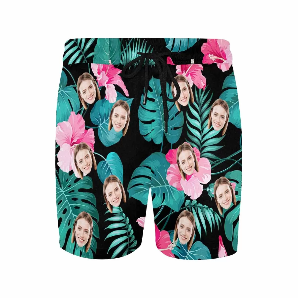 Personalized Swim Trunks Custom Face Flowers&Leaves Black Men's Quick Dry Swim Shorts Beach Swimsuit