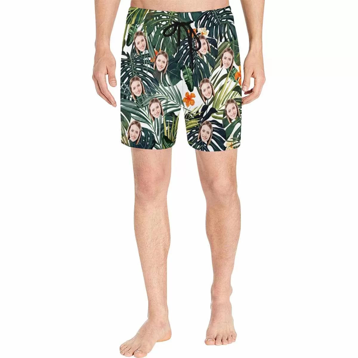 Personalized Swim Trunks Custom Face Green Leaves Men's Quick Dry Swim Shorts Beach Swimsuit