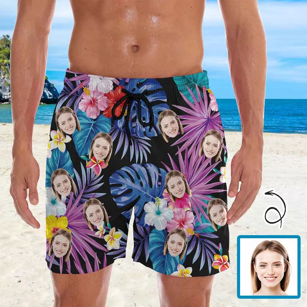 Personalized Swim Trunks Custom Face Leaves Men's Quick Dry Swim Shorts Beach Swimsuit Multiple Designs