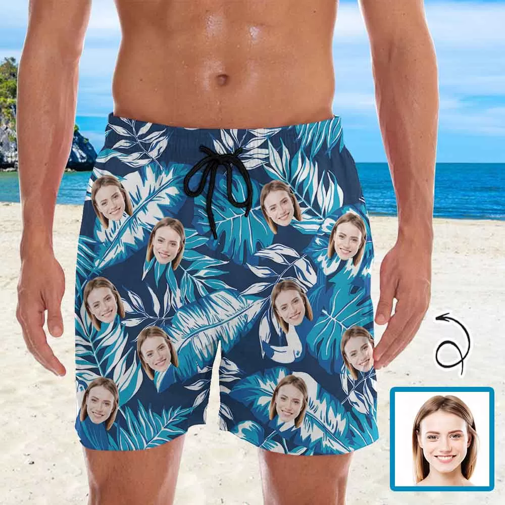 Personalized Swim Trunks Custom Face Leaves Men's Quick Dry Swim Shorts Beach Swimsuit Multiple Designs