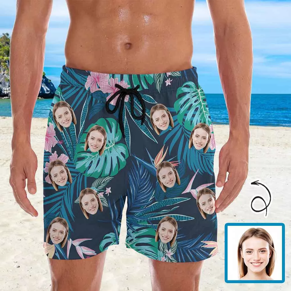 Personalized Swim Trunks Custom Face Leaves Men's Quick Dry Swim Shorts Beach Swimsuit Multiple Designs