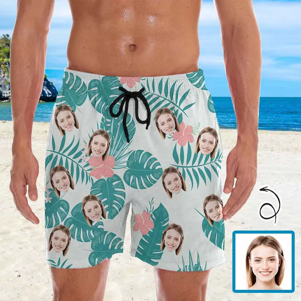 Personalized Swim Trunks Custom Face Leaves Men's Quick Dry Swim Shorts Beach Swimsuit Multiple Designs