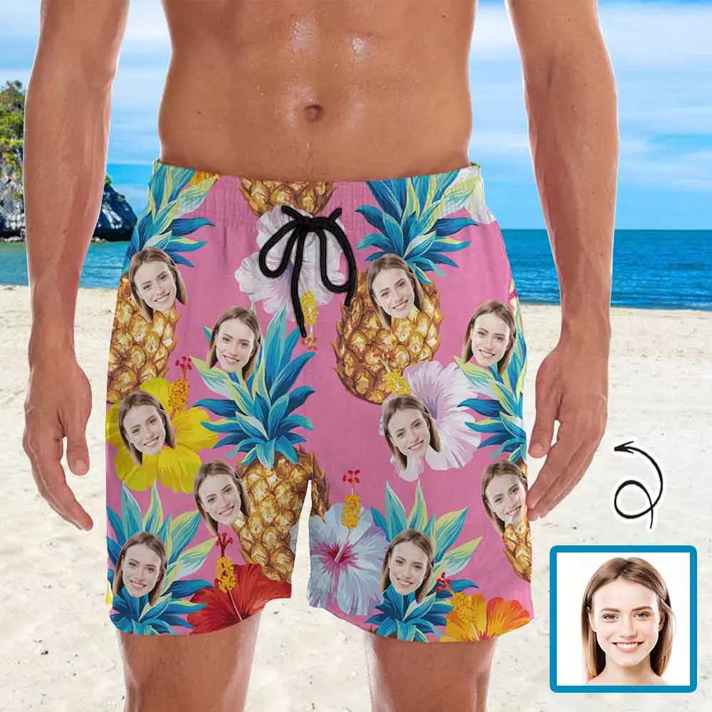 Personalized Swim Trunks Custom Face Pink Pineapple Men's Quick Dry Swim Shorts Beach Swimsuit