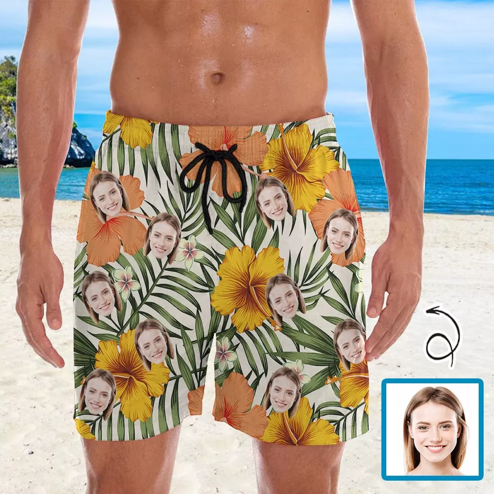 Personalized Swim Trunks Custom Face Yellow Leaves Men's Quick Dry Swim Shorts Beach Swimsuit