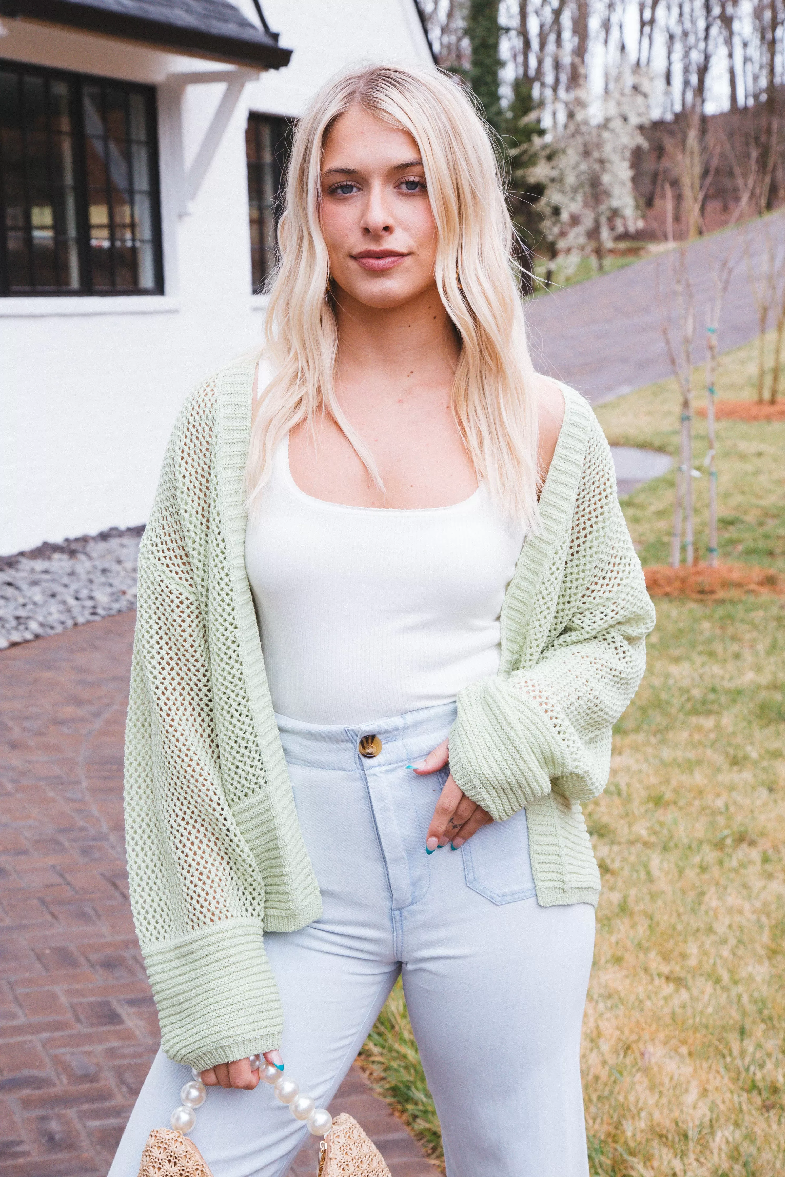 Peyton Open Knit Cardigan, Apple Green