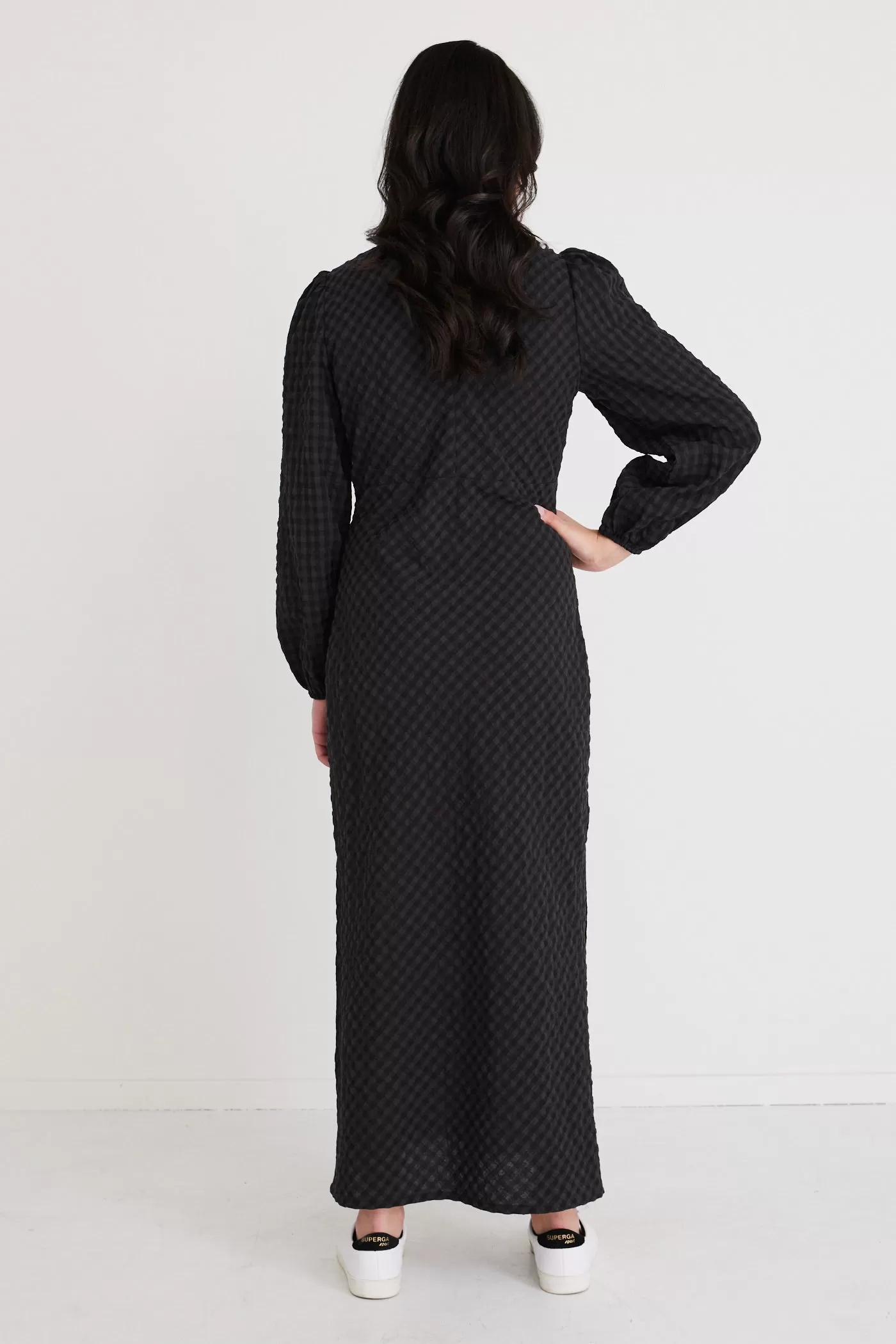 Phoenix Charcoal Gingham Ls Button Front Bias Midi Dress