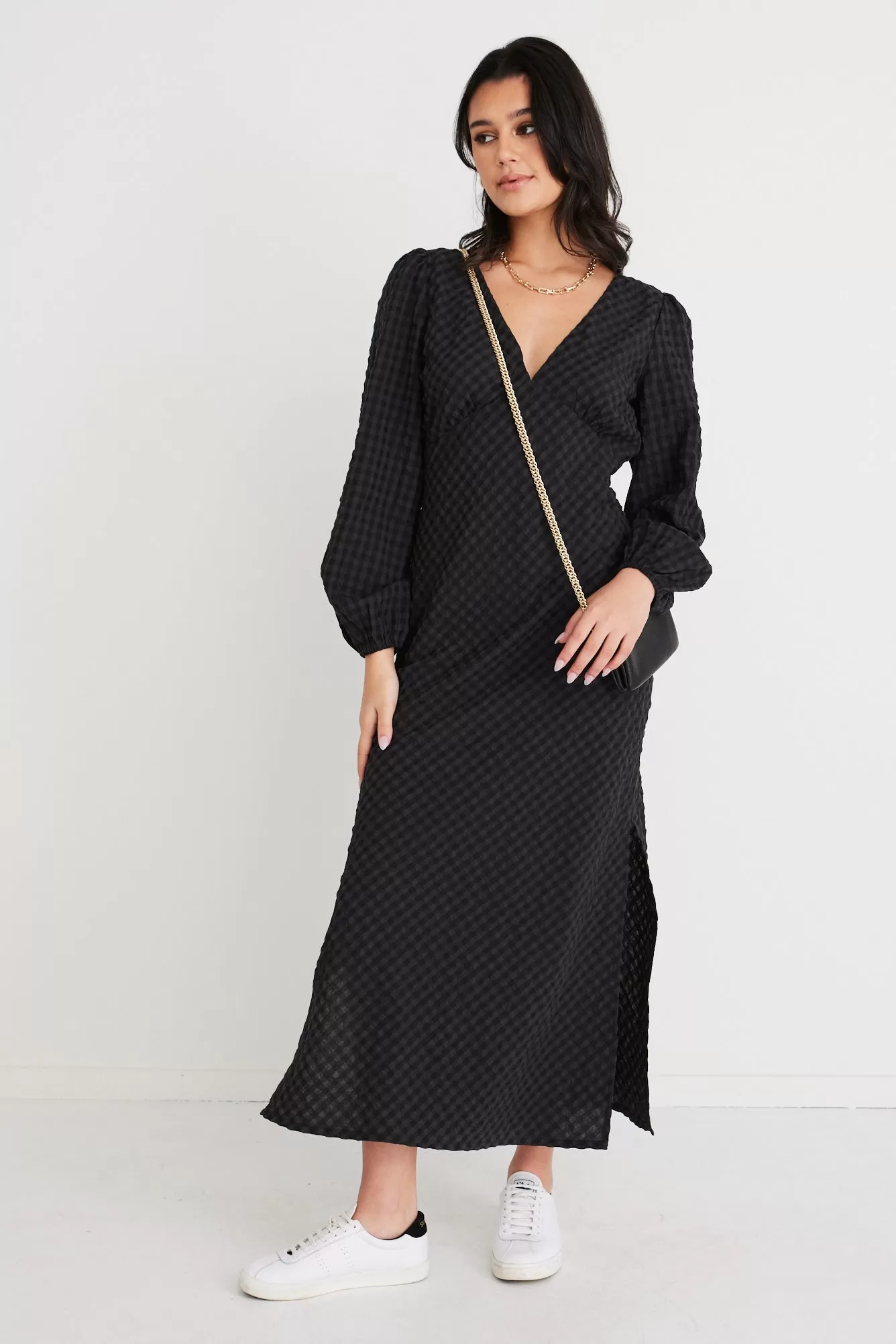 Phoenix Charcoal Gingham Ls Button Front Bias Midi Dress