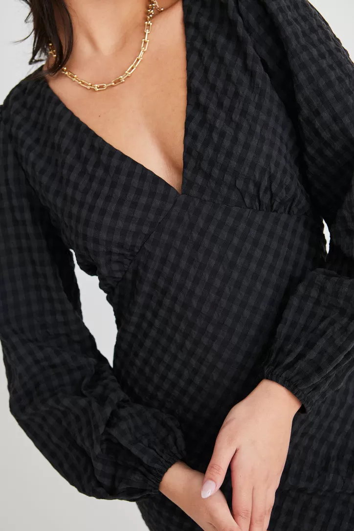 Phoenix Charcoal Gingham Ls Button Front Bias Midi Dress