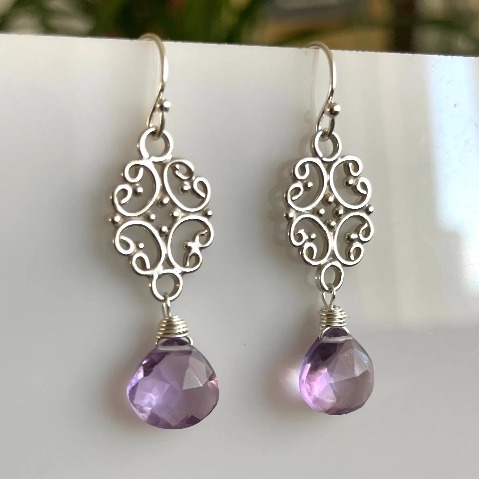 Pink Amethyst Scroll Dangle Earrings - Light Lavender Color