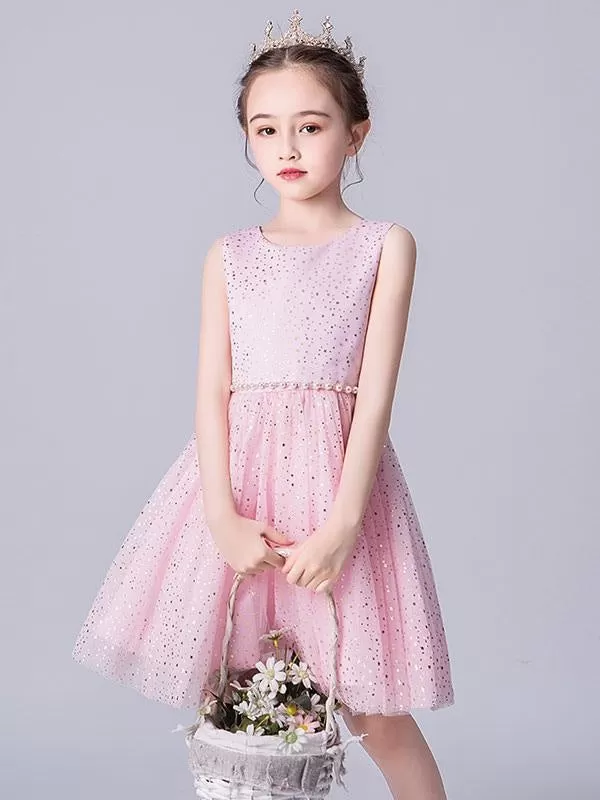 Pink Sleeveless Pearls Short Princess Flower Girl Dresses Formal Dresses for Kids