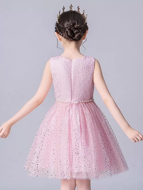 Pink Sleeveless Pearls Short Princess Flower Girl Dresses Formal Dresses for Kids