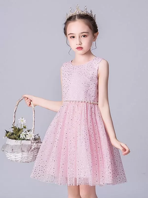 Pink Sleeveless Pearls Short Princess Flower Girl Dresses Formal Dresses for Kids