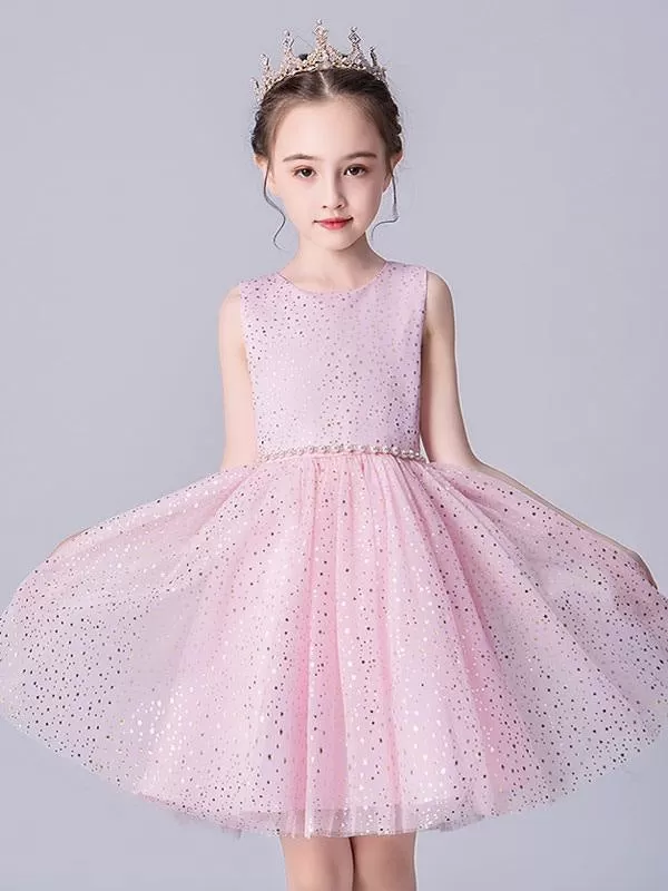 Pink Sleeveless Pearls Short Princess Flower Girl Dresses Formal Dresses for Kids