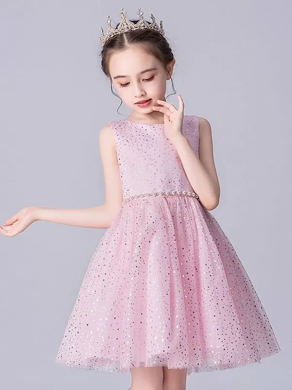 Pink Sleeveless Pearls Short Princess Flower Girl Dresses Formal Dresses for Kids