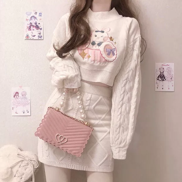 Pinky rabbit sweater one set too long sleeve   skirt cute outfit