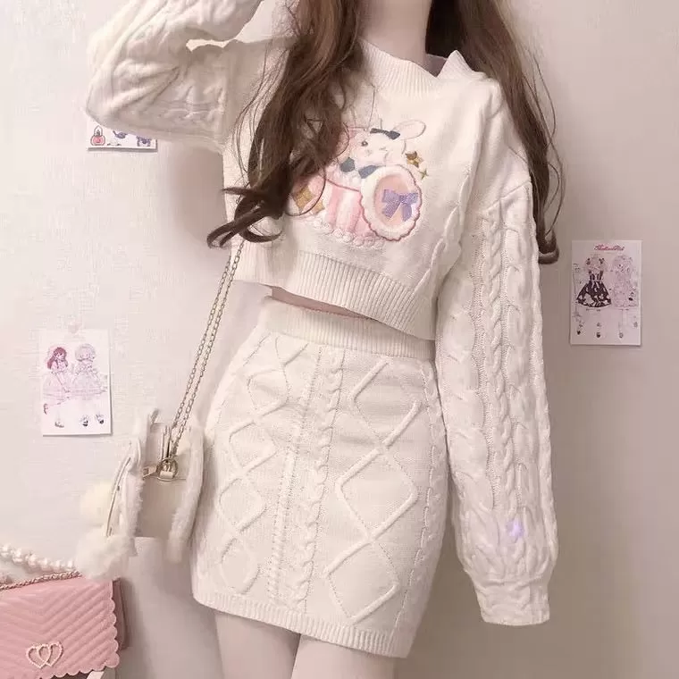 Pinky rabbit sweater one set too long sleeve   skirt cute outfit