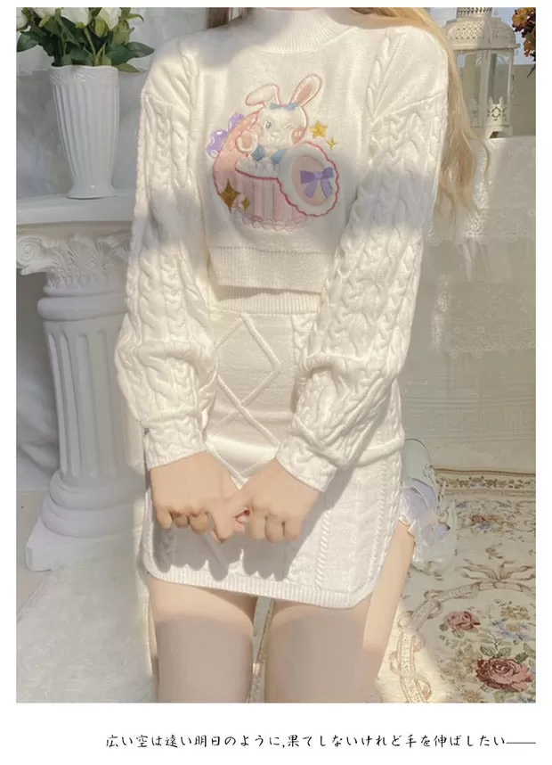 Pinky rabbit sweater one set too long sleeve   skirt cute outfit