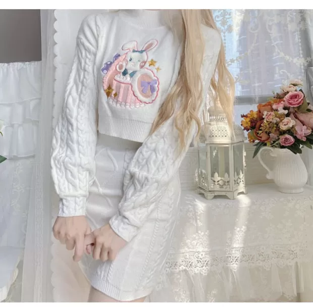 Pinky rabbit sweater one set too long sleeve   skirt cute outfit