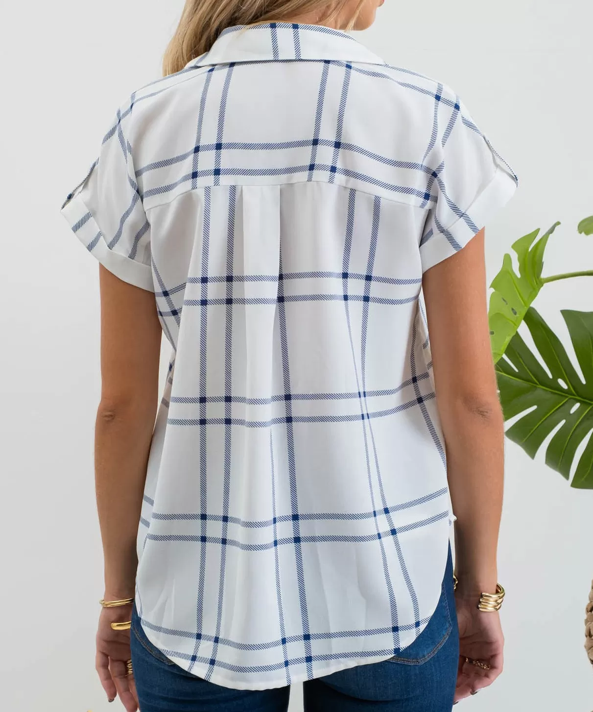 Plaid Short Fold Sleeve Button Down Shirt - Blue