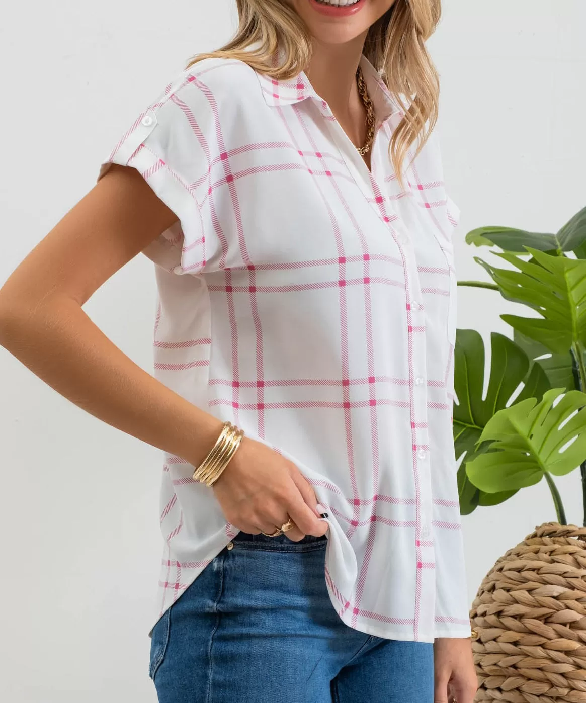 Plaid Short Fold Sleeve Button Down Shirt - Pink