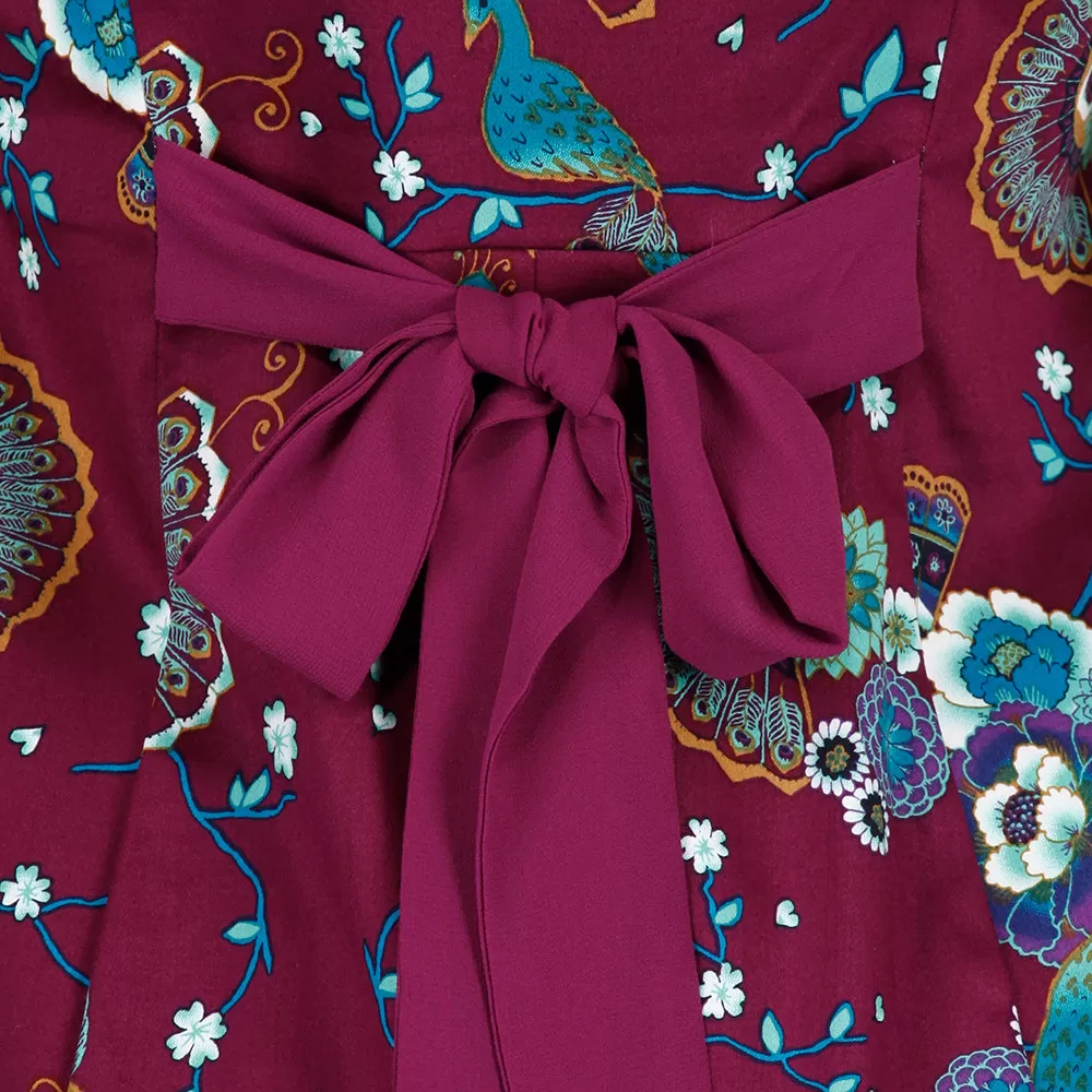 Plum Purple Bird Peacock Floral Print V Neck Wiggle Dress