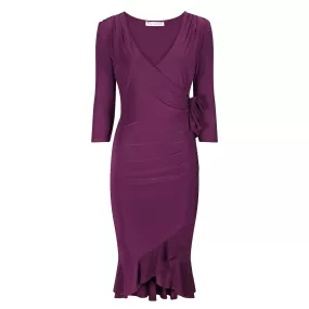 Plum Purple Wrap Effect Cocktail Dress w/ Waterfall Peplum Hem & 3/4 Sleeves