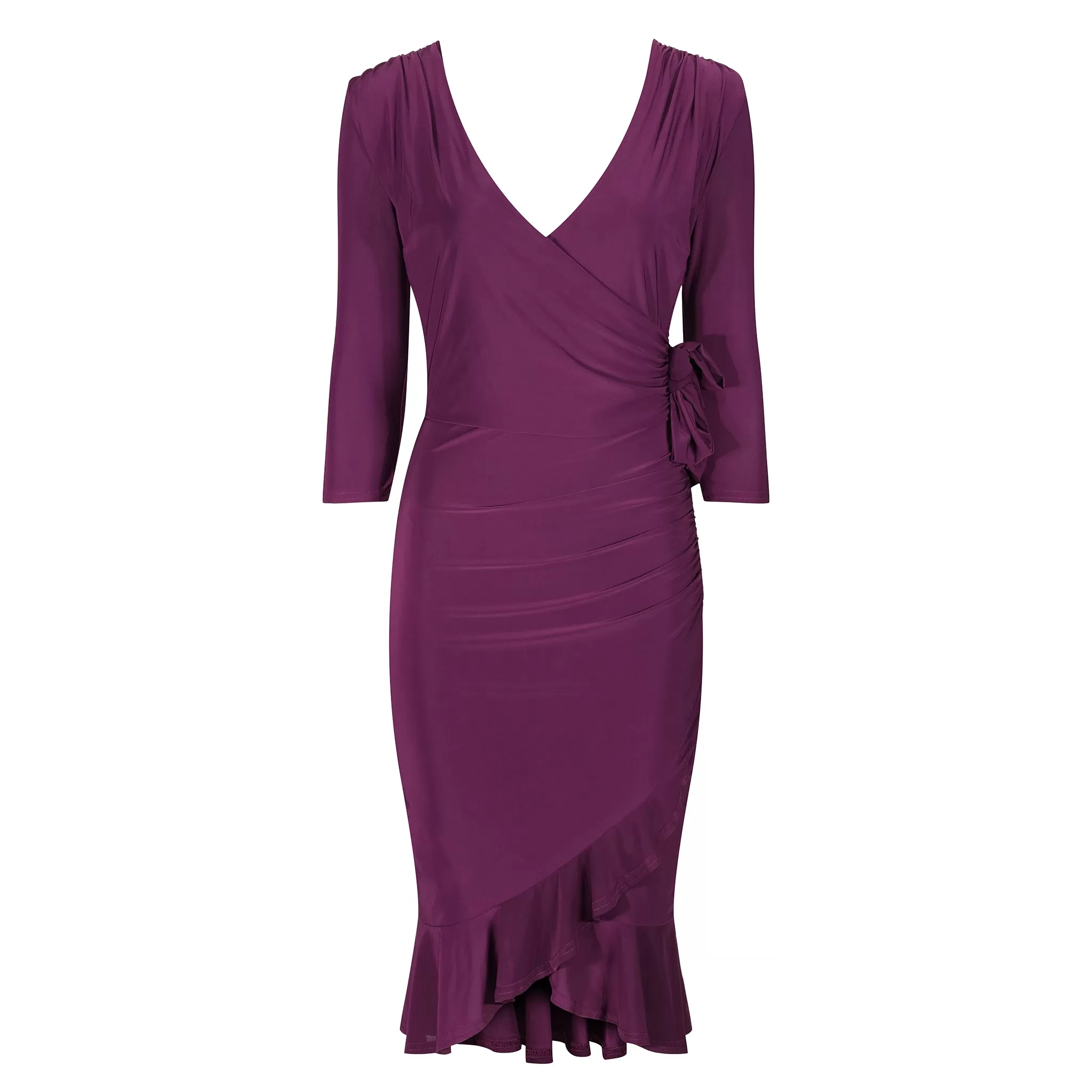 Plum Purple Wrap Effect Cocktail Dress w/ Waterfall Peplum Hem & 3/4 Sleeves