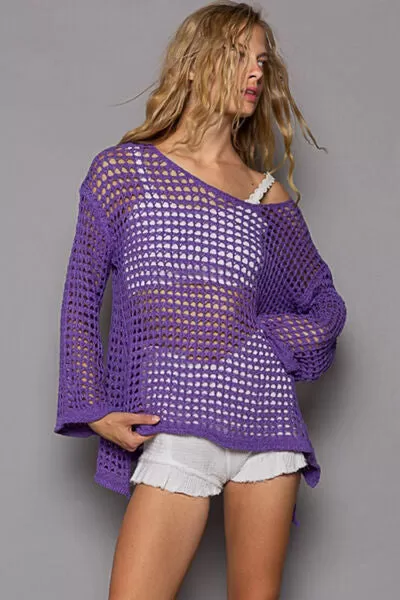 POL Openwork Flare Sleeve Knit Cover Up